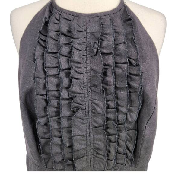 Black Linen Halter Dress with Front Tuxedo Ruffle - Picture 2 of 6
